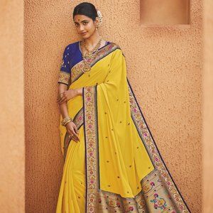 JHEAPS MANGO YELLOW ZARI WOVEN PAITHANI SILK SAREE WITH DESIGNER BLOUSE